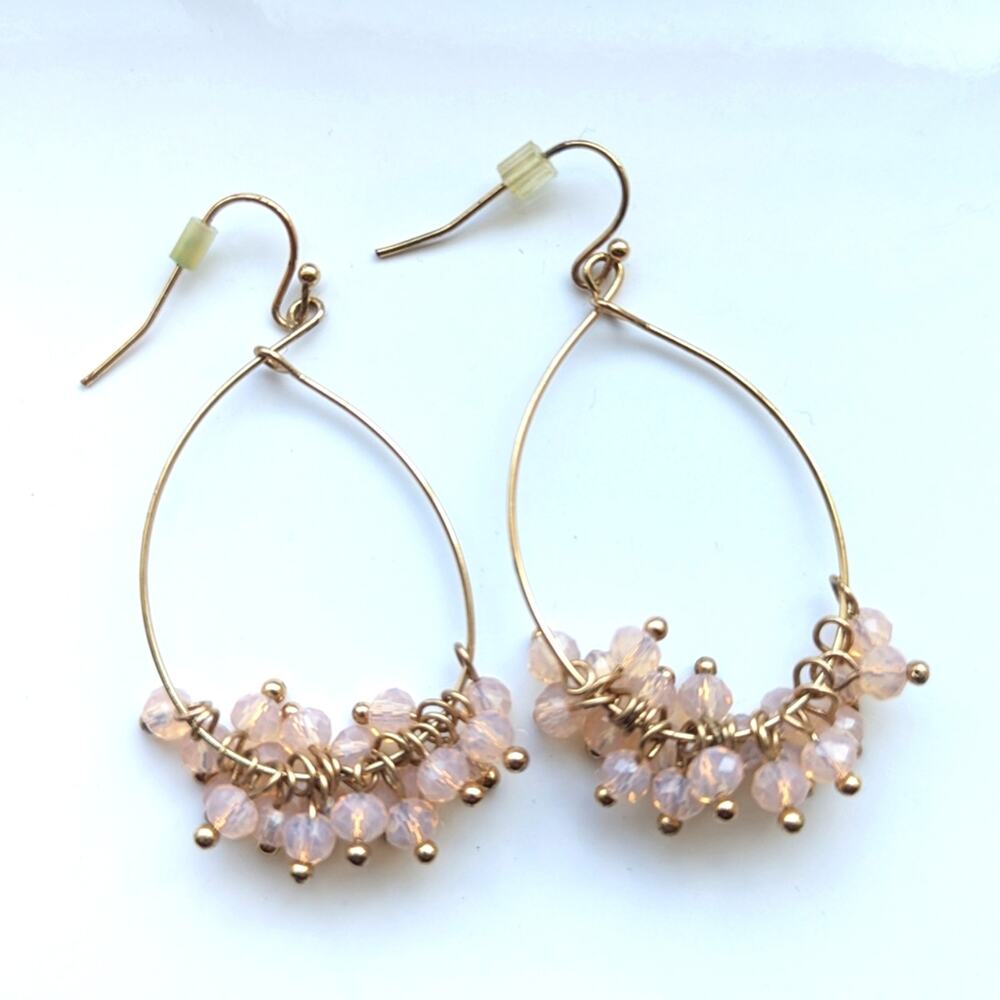 Gold Tone Chacha Light Pink Faceted Glass Boho Feminine Dangle Hook Earrings